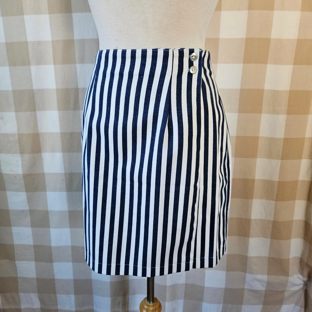 Vtg 90s‎ BANJO Dallas Texas Navy White Stripe Lace Up Top Mini Skirt Set Medium